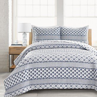 Monique Stripe 3 Piece Quilt Set, Full/Queen - Navy, White