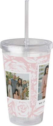 Travel Mugs: Brushed Floral Acrylic Tumbler With Straw, 16Oz, Pink