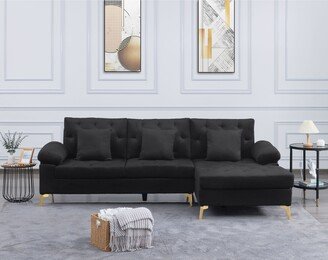 GEROJO Black 96.5 Velvet Tufted Sectional Sofa with Movable Cushions and Golden Metal Legs, Sofa & Chaise with 3 Toss Pillows