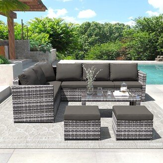 GEROJO Outdoor 7 Pieces Garden Rattan Sectional Sofa Set with Coffee Table and Ottoman