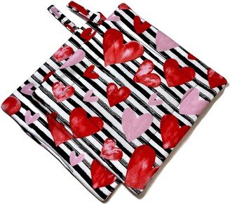 Quilted Pot Holders, Set Of 2, Hearts& Stripes, Valentine's Day Red Black