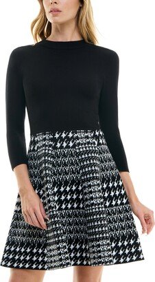 Juniors' Houndstooth-Skirt Long-Sleeve Sweater Dress