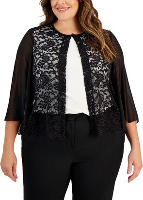 Plus Size Collarless 3/4-Chiffon-Sleeve Lace Shrug