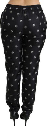 Black Printed Mid Waist Skinny Silk Women's Pants