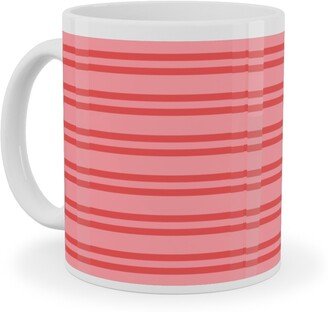 Mugs: Joyful Stripes - Red And Pink Ceramic Mug, White, 11Oz, Pink