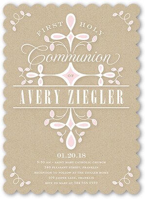 First Communion Invitations: Swirled Ritual Girl Communion Invitation, Beige, Pearl Shimmer Cardstock, Scallop