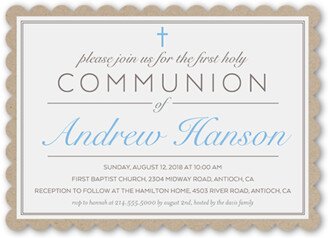 First Communion Invitations: Holy Elegance Boy Communion Invitation, White, Pearl Shimmer Cardstock, Scallop