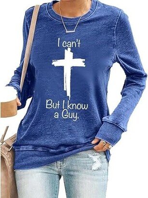 ZOCAVIA I Can't But I Know A Guy Women's Sweatshirt Cross Graphic Fall Casual Pullover Plus Size Tops Crewneck Long Sleeve Tee Shirt Blue