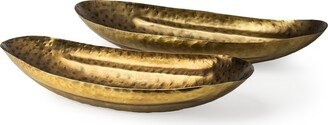 Set of Two Gold Boat Shaped Hammered Bowls - 11.81W x 28.74D x 5.12H