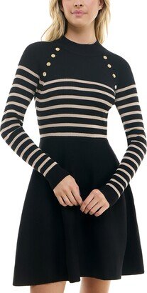 Juniors' Striped Button-Detail Fit & Flare Sweater Dress