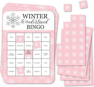 Big Dot of Happiness Pink Winter Wonderland - Bingo Cards and Markers - Holiday Snowflake Birthday Party and Baby Shower Bingo Game - Set of 18