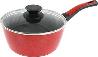 Claybon 2.2 Quart Nonstick Saucepan With Lid in Speckled Red