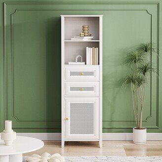 BESTCOSTY Slim Tall Cabinet with Rattan Door and Metal Handles