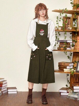 UNBIT Mushroom Embroidery Overall Dress Without Blouse (Color : Army Green