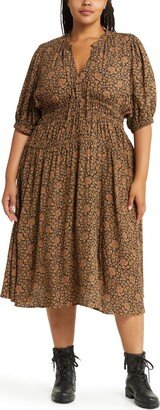 Floral Shirred Waist Midi Dress