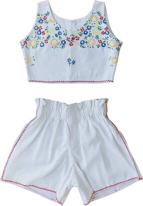 Sugar Cream Vintage Colorful Floral Embroidered Summer Crop Top & Shorts Set