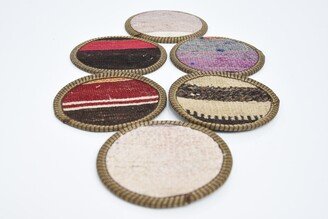 Round Coaster, Drink Gift For Her, White Striped Woven Pad, Rustic Handmade Natural Rug