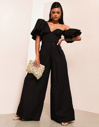 one shoulder belted poplin jumpsuit in black