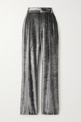 Pleated Metallic Velvet Straight-leg Pants - Silver