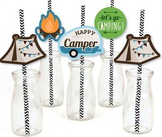 Big Dot of Happiness Happy Camper - Paper Straw Decor - Camping Baby Shower or Birthday Party Striped Decorative Straws - Set of 24