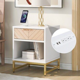 Nightstand with USB Charging Ports, End Table with 1 Drawer and Metal Legs, White+Natural Finish