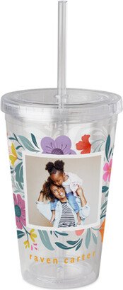 Travel Mugs: Botanical Field Peek-A-Boo Acrylic Tumbler With Straw, 16Oz, Pink