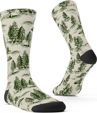 Socks: Alien Abduction Toile De Jouy - Forest Green & Cream Custom Socks, Green