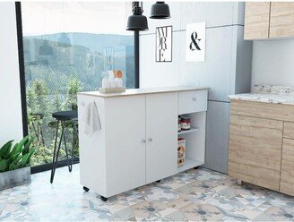 Calnod Kitchen Island Cart, Four Interior Shelves, Six Carters, One Drawer, Double Door Cabinet