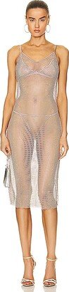 Rhinestone Fishnet Slip Dress in Metallic Silver