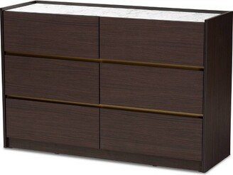 Walker Wood 6 Drawer Dresser with Faux Marble Top Dark Brown/Marble/Gold