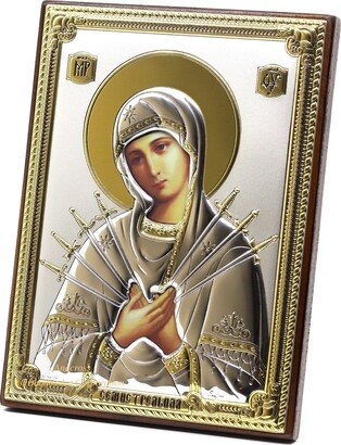 Christian Wooden Russian Greek Orthodox Icon Mother Of God Seven Arrows. Silver Plated .999 Oklad Riza | 5.12 X 7.1 13cm 18cm