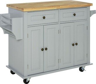 HOMCOM Kitchen Island on Wheels, Rolling Cart with Rubber Wood Top, Spice Rack, Towel Rack & Drawers for Dining Room, Gray