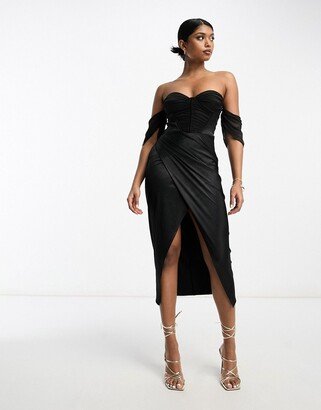 bandeau corset mesh satin midi dress in black