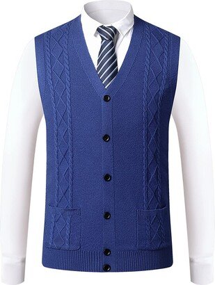 KTWOLEN Men's V Neck Gilets Wool Blend Sleeveless Jumper Knitwear Waistcoat Cable Knit Button Cardigan with Pockets Blue