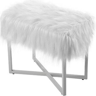 Rectangular White Faux Fur Foot Stool Ottoman with Grey Legs