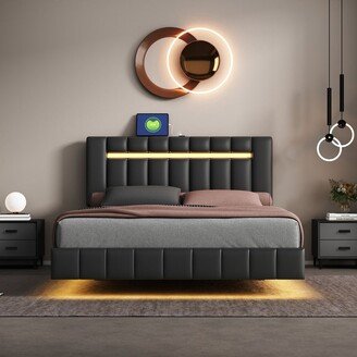 Telepassa PU Upholstered Platform Bed with LED Lights and USB Charging,Queen Size