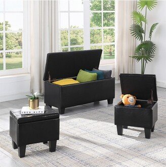 Carl Set of 3 Black 38.58 Wide Rectangular Upholstered Flip Top Storage With Cube Ottomans with Tufted Top and Solid Wood Legs-The Pop Home