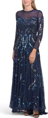 TJMAXX Long Sleeve Scroll Sequin Gown With Illusion Detail For Women