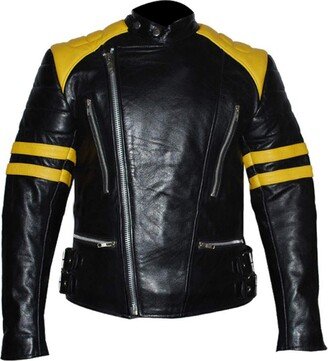 FBJ Fashions Mens Yellow Stripes Motorcycle Vintage Racing Motorcycle Brando Biker Black Genuine Leather Jacket