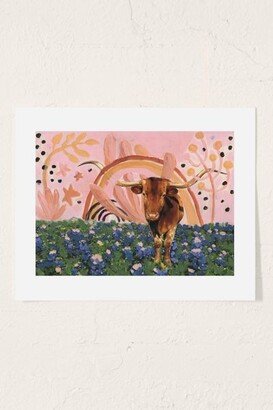 El Baker Rainbow Over Texas Longhorns And Bluebonnets Art Print