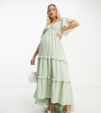 ASOS DESIGN Maternity angel sleeve plunge textured tiered maxi dress with cut out and rouleux detail in sage