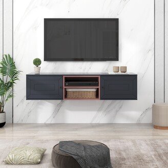 EDWINRAYLLC 61 Floating TV Stand with Large Storage Space, 3 Levels Adjustable shelves, Magnetic Cabinet Door, Cable Management