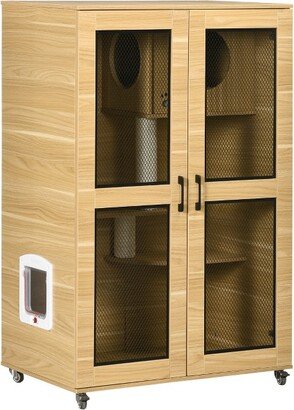 Cat House with Cat Tree Kitty Cage with Scratching Posts Condo Wheels Flap Door, Oak, 31.5 x 20 x 48.5