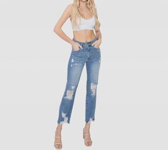 Lena Distressed High Waist Mom Jeans In Md Wash