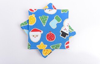 Christmas Fabric Coasters, Set Of 4 Sugar Cookie Cloth Drink Fun Holiday Entertaining Decor, Santa Candy Cane Tree Print