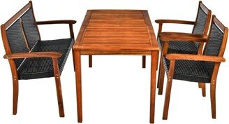 4 Pieces Patio Rattan Dining Furniture Set with Acacia Wood Frame Chair - N/A