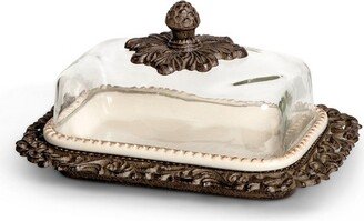 GG Collection Cream Ceramic Butter Dish with Metal Work in Acanthus Leaf Design