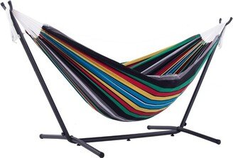 The Hamptons Collection 110” Black and Blue Striped Brazilian Style Hammock with a Steel Hammock Stand