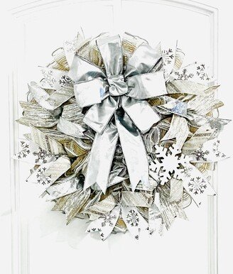 Winter Snowflake Wreath, Silver Holiday Wreath For Front Door