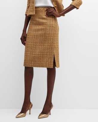 Tonal Soft Check Tweed Side-Slit Midi Skirt